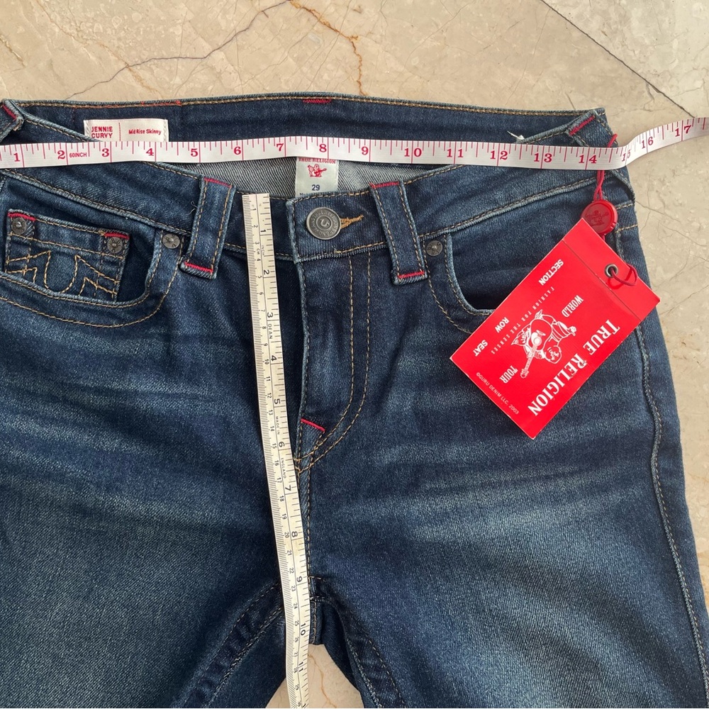 True Religion Blue Denim Jeans with Red Stitching Jenny Curvy, size 29, NWT - Picture 5 of 8